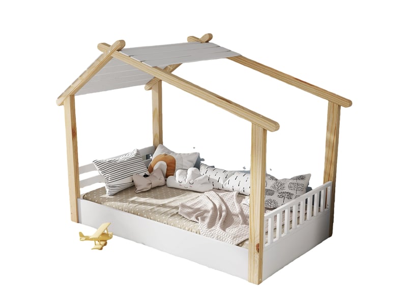  Lit enfant 90x200 cm - lit maison cabane scandinave avec sommier inclus - sans matelas - structure bois de pin + mdf - blanc et naturel  - Conforama A