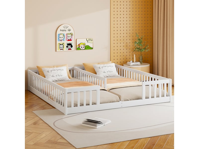  Lit d'enfant à panneaux - 90x200 cm - barrière de sécurité - bois de pin - blanc - style minimaliste LQ-N636P206437K - Conforama D