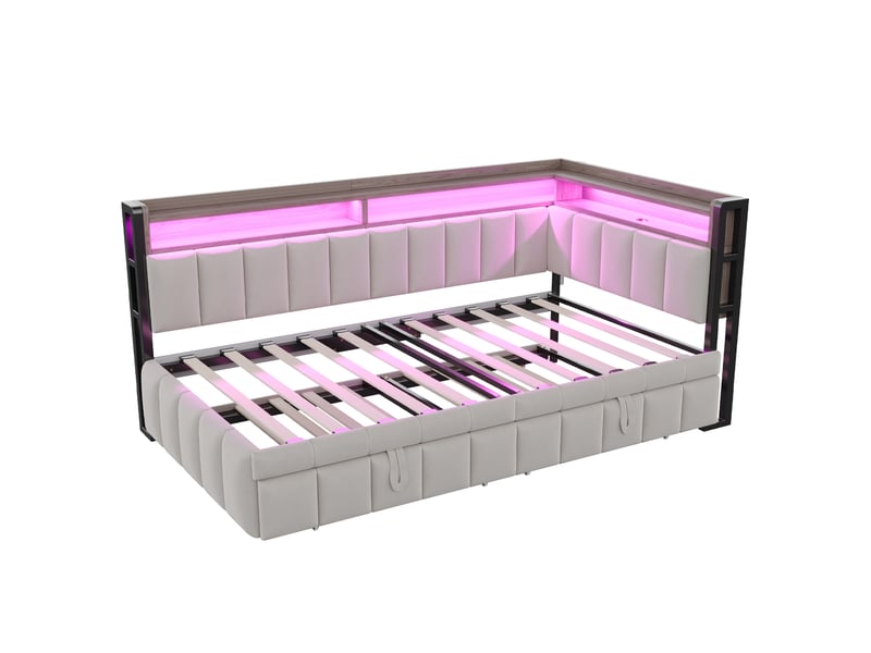 Lit banquette 90x200 cm – gris clair – lit gigogne, éclairage led réglable, ports usb et usb-c - sans matelas - Conforama D