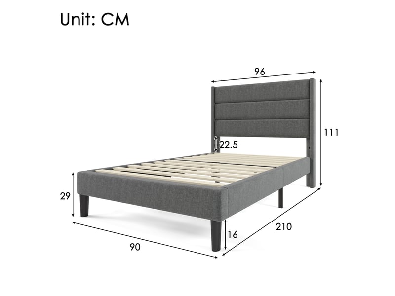  Modenvie lit simple capitonné 90x200 cm - tête de lit rembourrée, sommier inclus - gris foncé  - Conforama C
