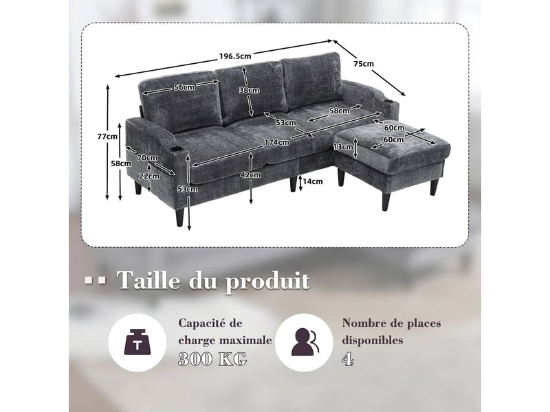 Canapé 4 places avec pouf gris contemporain - rangement, chenille douce, porte-gobelets - Conforama C