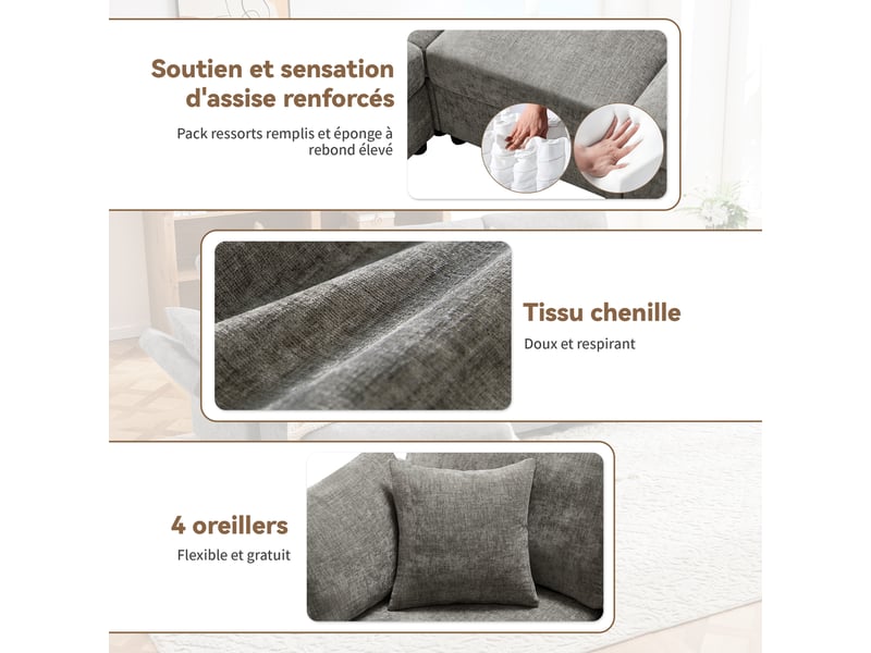  Canapé d'angle en l 3 places 218 × 156,5 × 86 cm, pouf mobile, accoudoirs réglables 3 positions, 4 coussins, chenille, gris OMNIGLINT TRADING LTD - Conforama E
