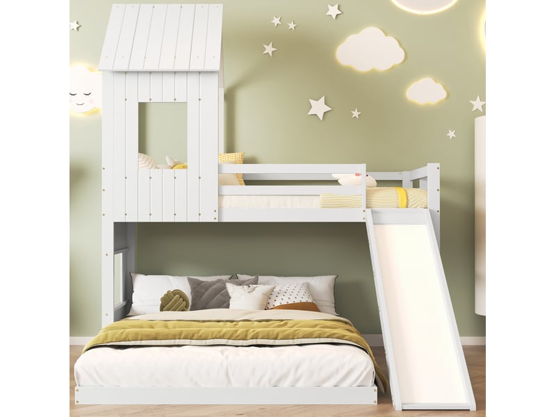  Lit superposé enfant avec toboggan, 90x200 et 140x200 cm, blanc, bois et mdf  - Conforama D
