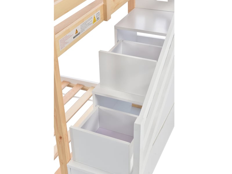 Lit superposé enfant 90x200 cm, lit cabane avec fenêtre, 3 tiroirs, sommiers, bois, blanc et naturel, sans matelas - Conforama R