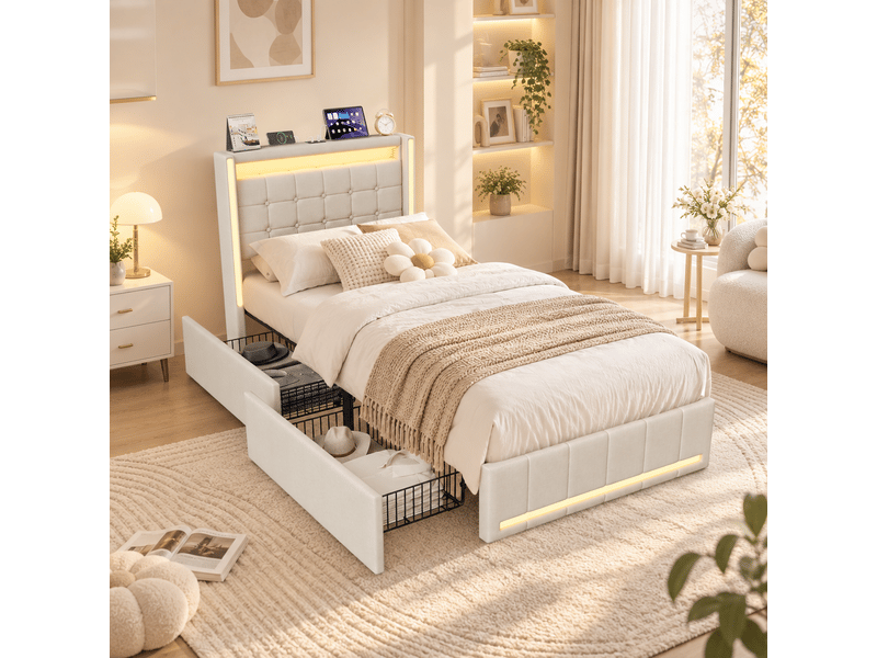  Lit simple 90 x 200 cm avec 2 tiroirs de rangement, lit enfant avec éclairage led et ports usb-c, lit 1 place avec sommier à lattes, lin beige  - Conforama B