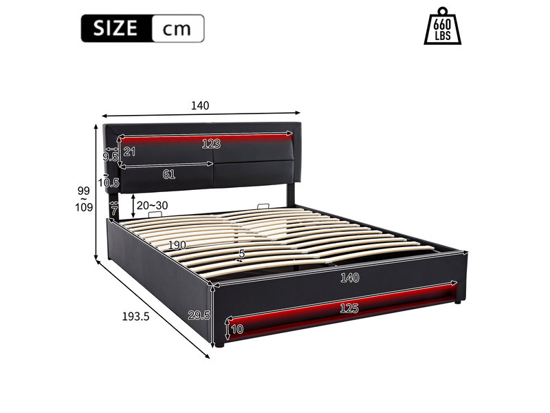  Lit rembourré 140 x 190 cm, avec port usb (supporte le chargement sans fil et filaire), avec éclairage led et espace de rangement, sans matelas, design pu-lychee, noir  - Conforama C