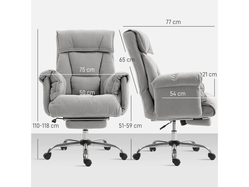  Chaise de bureau inclinable et réglable en hauteur, avec accoudoirs, repose-pieds et dossier haut, 75 x 77 x 110-118 cm, grise  - Conforama E
