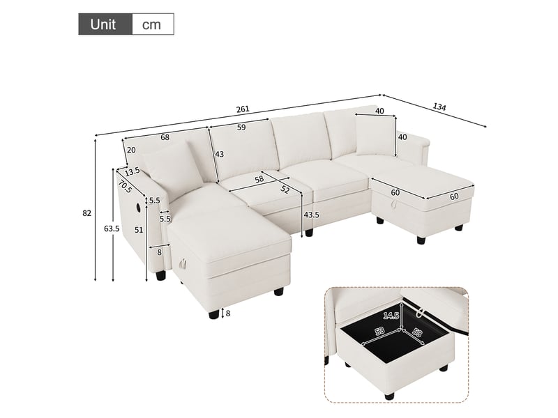 Canapé modulable avec poufs de rangement 261 x 134 cm evryae  - Conforama E