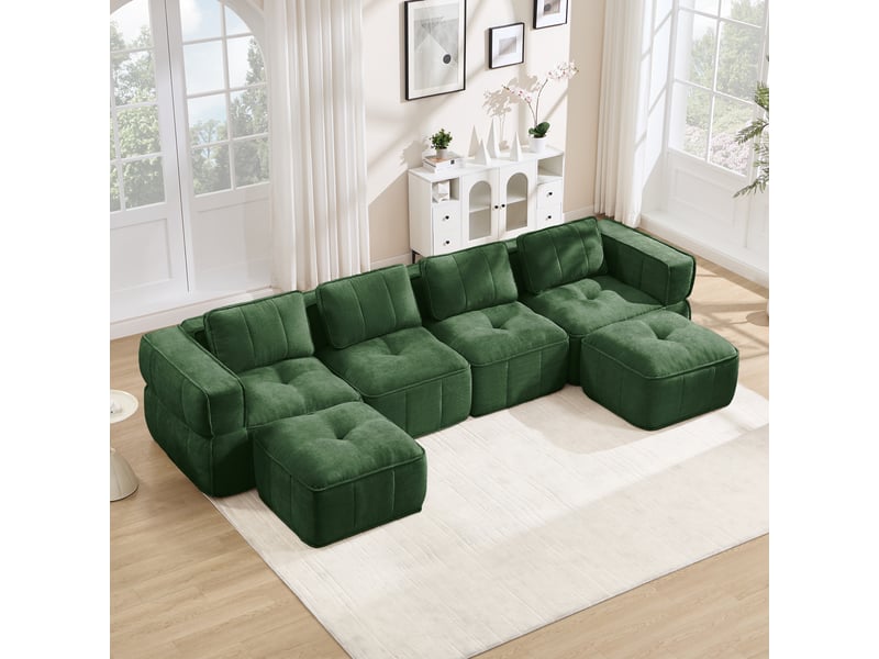  Canapé panoramique en u modulable 4 places avec 2 poufs - lpospi - accoudoirs larges, polyester vert  - Conforama C