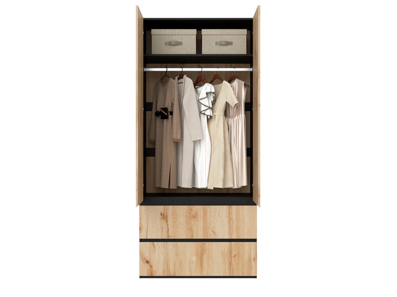  Armoire 2 portes 90 x 50 x 200 cm en mdf et panneau de particules, 2 tiroirs et penderie pour votre intérieur  - Conforama A