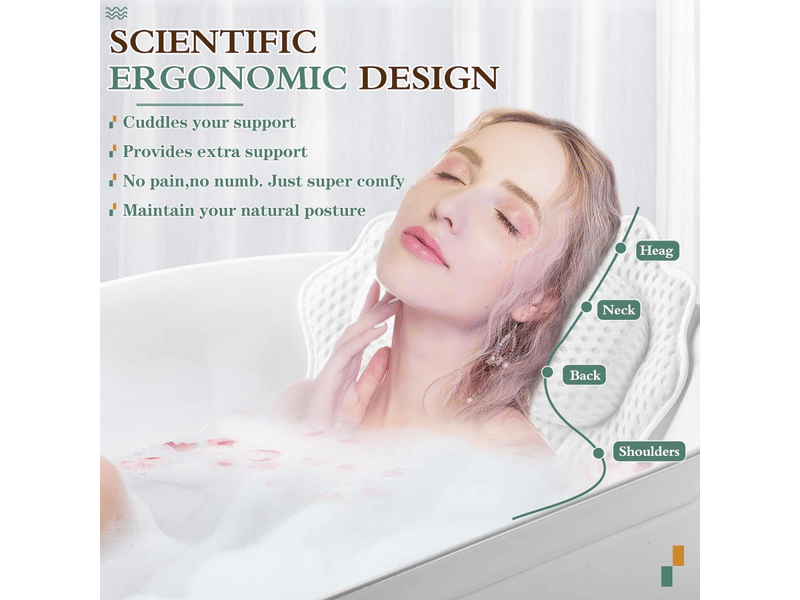  Oreiller de bain ergonomique de luxe avec soutien de la tête, de la nuque, des épaules et du dos, oreiller de bain 4d avec 6 ventouses puissantes  - Conforama B