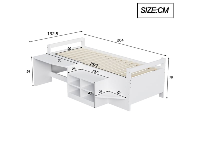  Lit enfant 90x200, rangement intégré lit combine enfant, bureau avec prises, structure bois blanc  - Conforama C