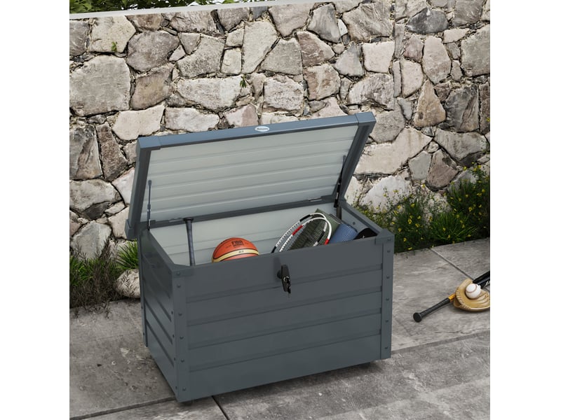 Coffre de rangement extérieur 100x62x65 cm – gris foncé – 295 l, acier galvanisé, roulettes et serrure - Conforama B