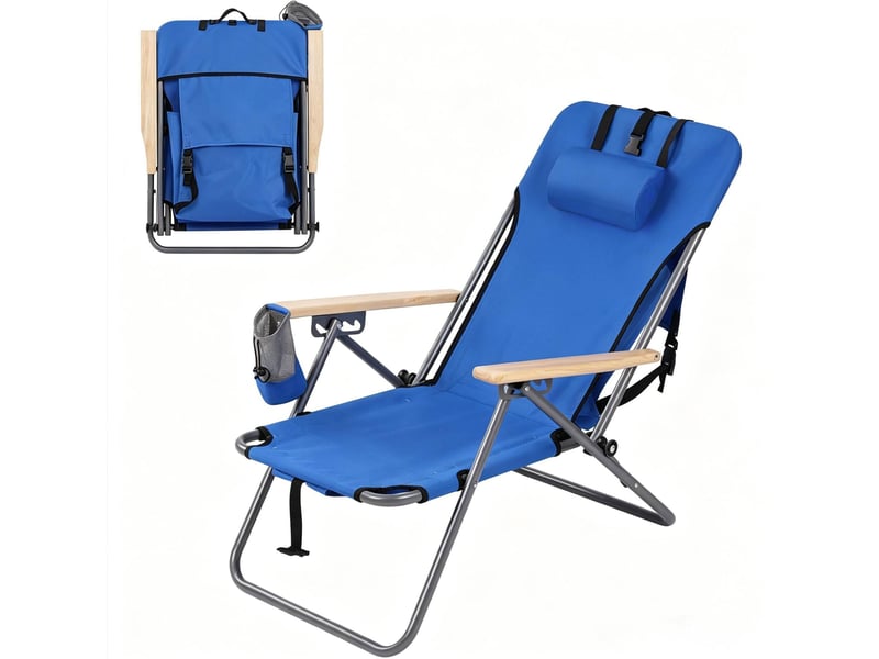 Fauteuil de camping pliant 66 x 56 x 77,5 cm – bleu – dossier réglable 4 positions, appui-tête et sac latéral - Conforama A