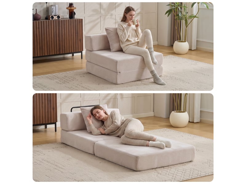  Fauteuil convertible pliable avec fonction couchage et oreiller de soutien, gain de place, en velours côtelé blanc  - Conforama B
