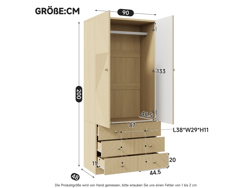  Armoire 2 portes avec penderie et 6 tiroirs, aspect chêne moderne pour chambre, bureau et chambre d’enfant en mdf  - Conforama C