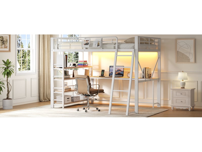  Lit mezzanine double 140×200 cm avec bureau, étagères, led et usb - okmyhome- blanc, sans matelas, métal et mdf  - Conforama E