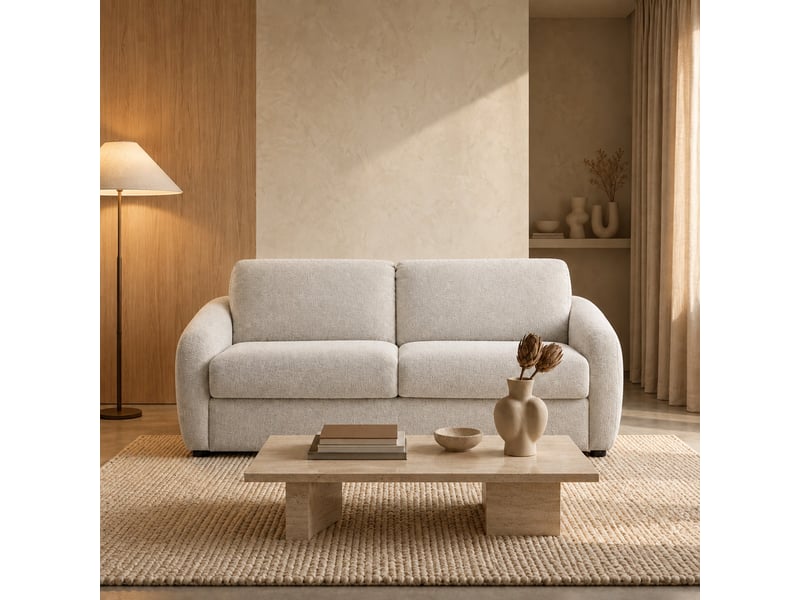 Canapé 3 places convertible en tissu blanc écru - Conforama E