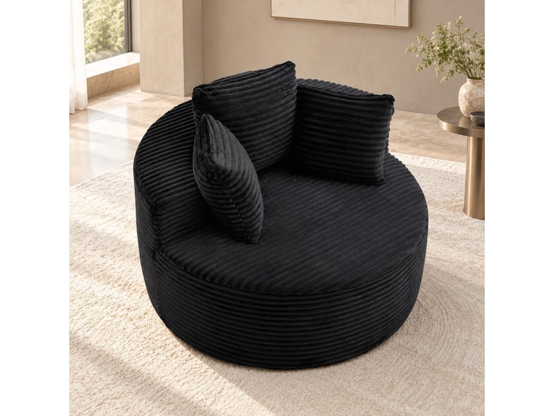  Fauteuil rond 1 place ø 110 cm en velours côtelé avec 3 coussins noir chicfurn  - Conforama C