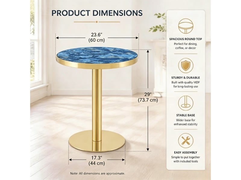  Table d’appoint ronde,60x60x73,7 cm,avec piètement métal doré,mdf,effet marbre bleu  - Conforama C
