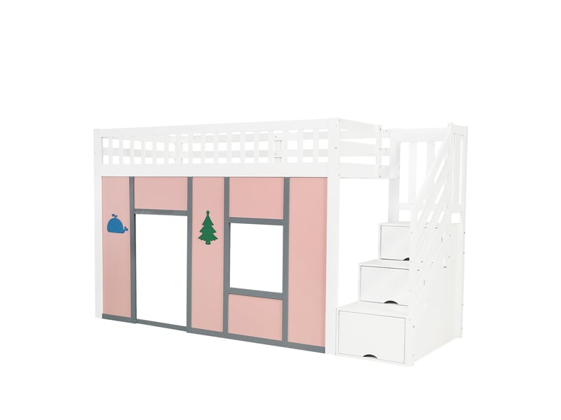  Lit mezzanine 90x200 cm, escalier de rangement et espace de jeu led, en bois, blanc et rose, sans matelas  - Conforama D