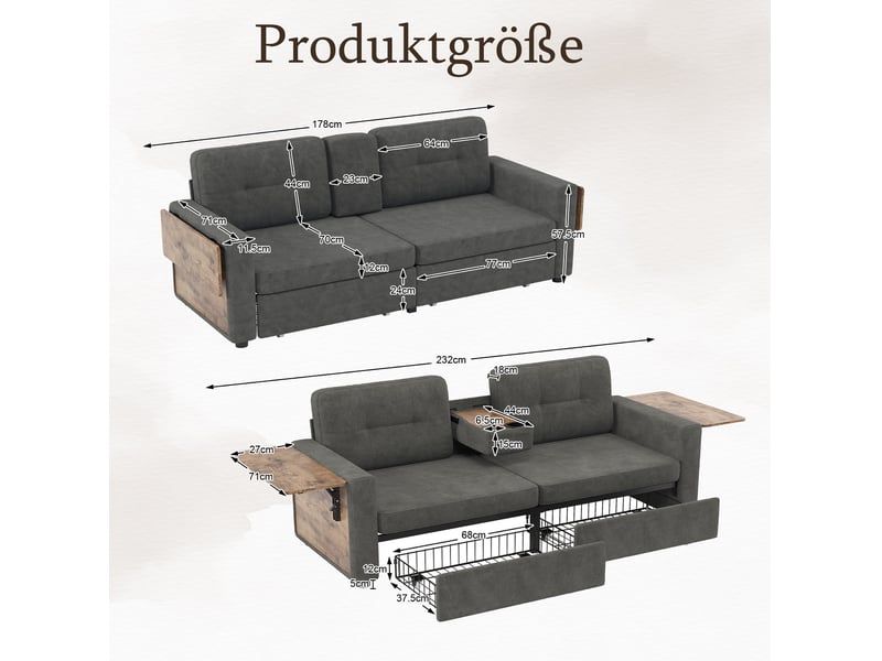  Canapé 2 places modenvie avec rangement, tablettes réglables et porte-gobelets en chenille gris foncé  - Conforama C
