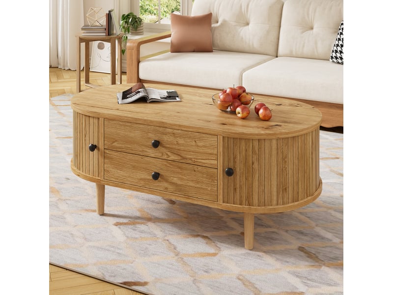 Table d'appoint 100x50x40 cm, espace de rangement, portes coulissantes, 2 tiroirs, table appoint salon, en mdf, chêne - Conforama E