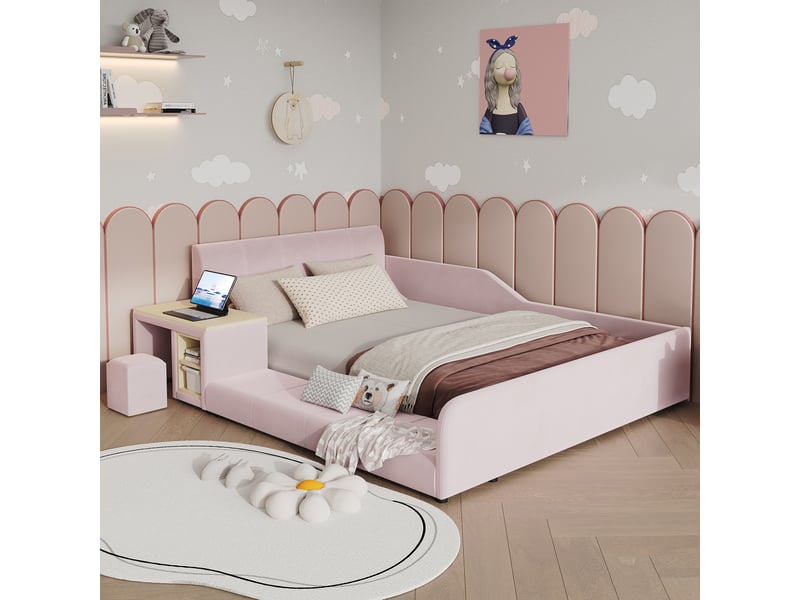 Lit double 140x200 cm, lit rembourré, sommier à lattes, bureau, étagères, tête de lit rembourrée, velours rose - Conforama A