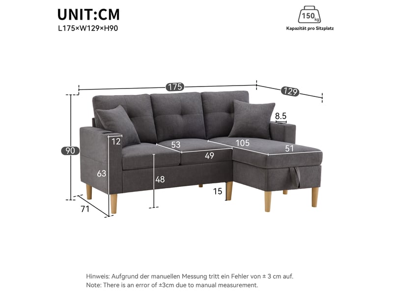 Canapé d'angle réversible 3 places modenvie avec méridienne rangement gris foncé 175 x 129 cm - Conforama C