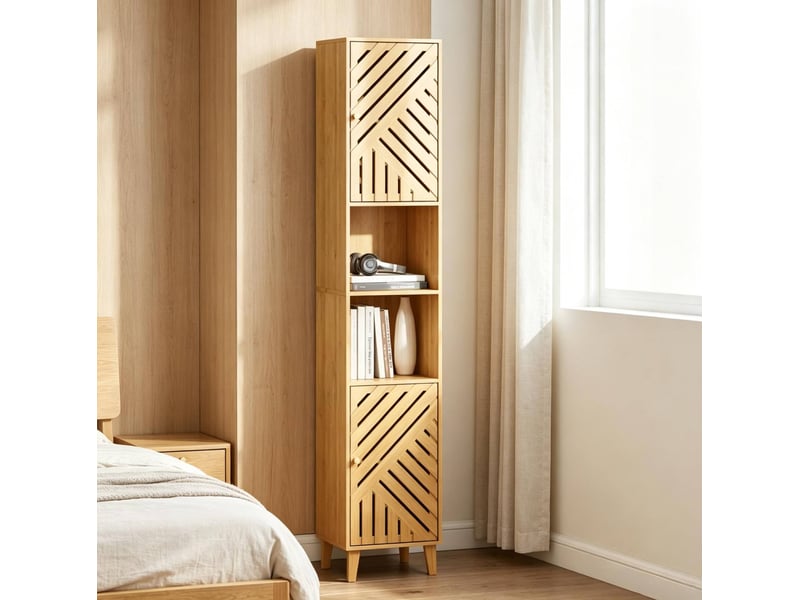 Armoire de salle à bain avec 2 portes, 2 niches ouvertes et étagères réglables, effet bois naturel, 32 × 30 × 170 cm - Conforama E