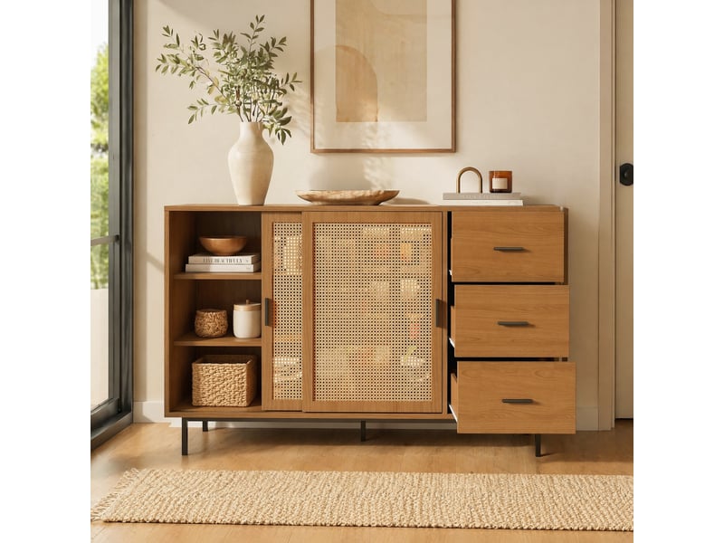  Buffet 2 portes coulissantes et 3 tiroirs, naturel, style campagne, 140 x 37 x 91 cm  - Conforama B