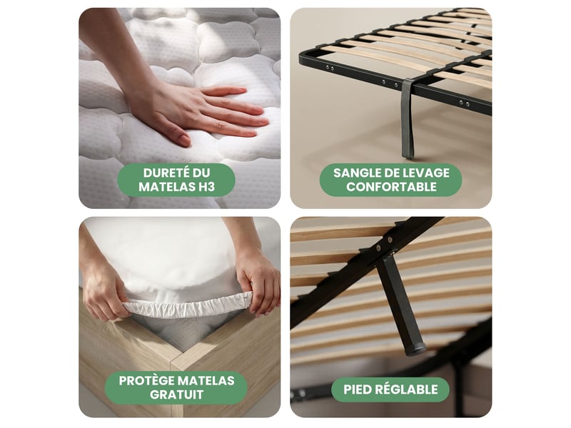  Lit coffre 160x200 cm sommier relevable en métal et matelas à ressorts chêne sonoma  - Conforama D