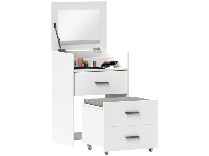  Coiffeuse avec miroir relevable et tabouret à roulettes, table de maquillage avec 2 tiroirs, coussin amovible, blanc  - Conforama A