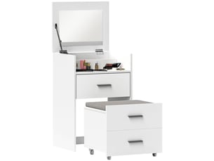 Coiffeuse avec miroir relevable et tabouret à roulettes, table de maquillage avec 2 tiroirs, coussin amovible, blanc