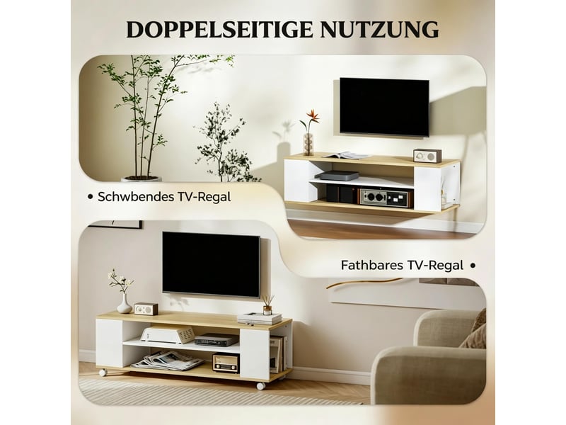  Meuble tv bas polyvalent à roulettes, meuble multimédia moderne, meuble de salon élégant, naturel, blanc  - Conforama R