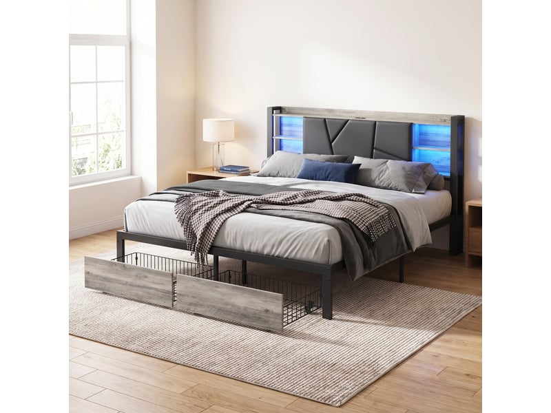  Lit double 160x200 cm avec éclairage led - tiroirs de rangement et cadre métallique avec tête en bois - noir  - Conforama B