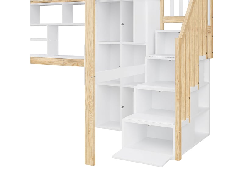  Lit mezzanine led 140 × 200 cm blanc et naturel avec bureau, escalier de rangement et étagères IKSETERA TRADING LTD - Conforama R