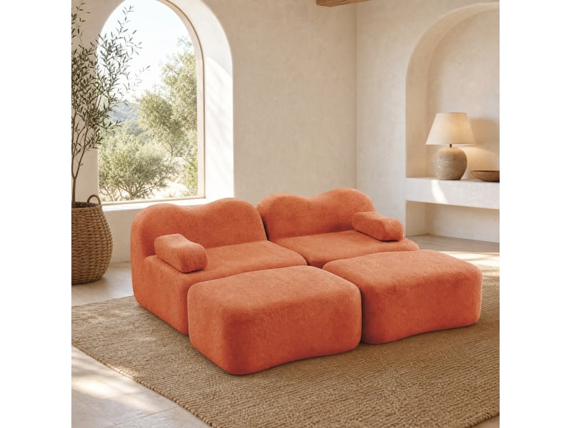  Canapé modulaire 2 places avec 2 poufs en velours orange  - Conforama C