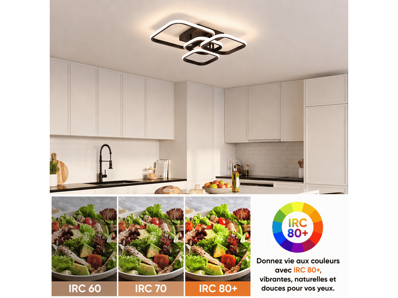 Plafonnier led moderne 4 carrés, l46 x l41 x h10 cm, lampe de plafond 35 w 3033 lm, noir sable, 3 cct mémoire, salon, chambre, cuisine - Conforama E
