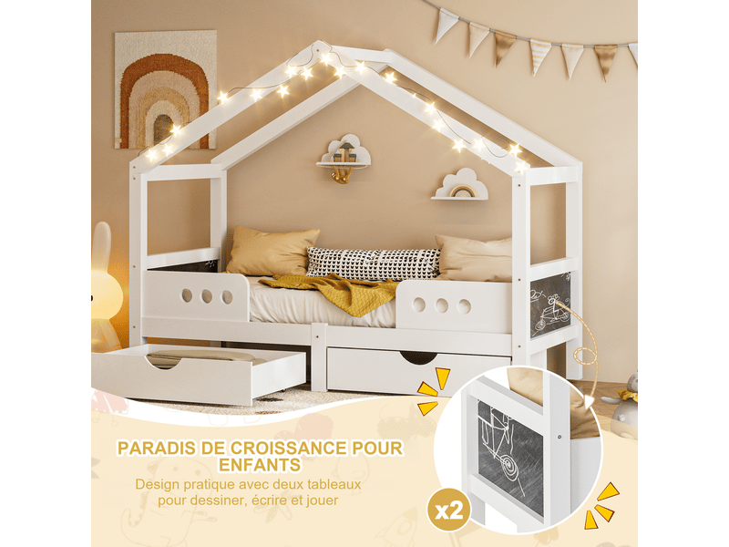  Lit cabane enfant blanc 90x200 cm en bois, 2 tiroirs intégrés, tableaux latéraux, charge 120 kg  - Conforama E