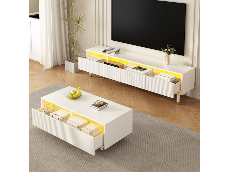  Ensemble meuble tv et table basse modenvie led 7 couleurs 178 x 35 x 45 cm et 110 x 50 x 40 cm mdf blanc et doré  - Conforama E