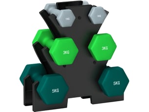 Set de 6 haltères hexagonales 1, 3 et 5 kg avec support – multicolore – rangement compact à domicile