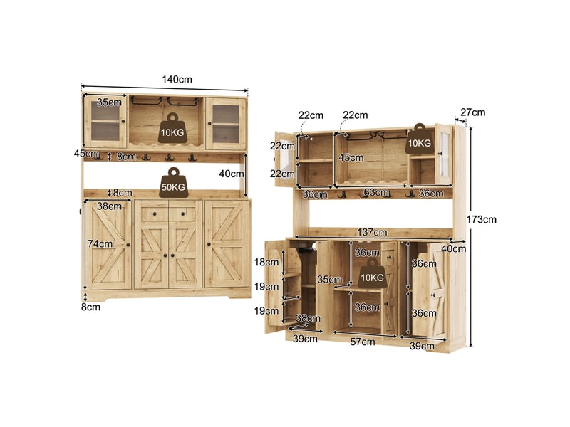 Buffet de cuisine - 140x40x173 cm - avec éclairage led, station de charge, portes façon grange et range-bouteilles - bois naturel - Conforama E