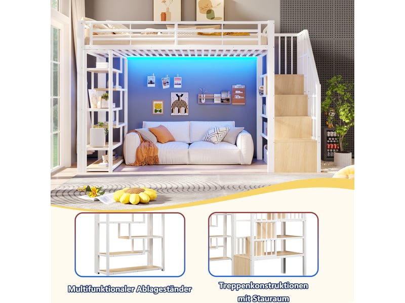  Lit surélevé 90 x 200 cm blanc, marches intégrées, garde-corps, led, rangement sous lit, métal et mdf, sans matelas  - Conforama E
