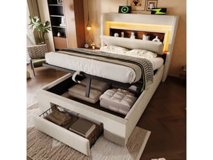 Lit coffre capitonné 90 x 200 cm, hydraulique, éclairage led, ports usb et usb-c, sommier à lattes en bois, beige, lin,