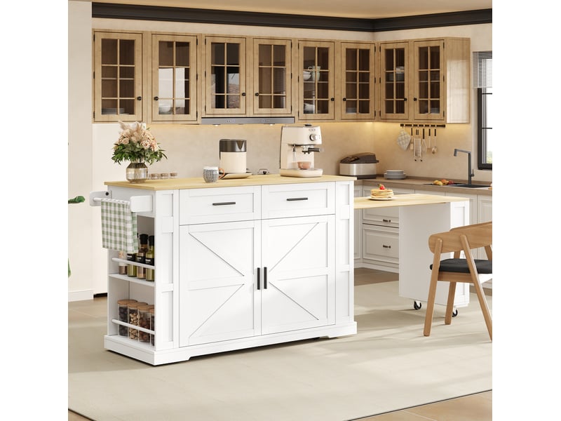 Desserte de cuisine avec plan extensible, 2 tiroirs, 2 portes, prises usb et roulettes, blanc naturel 130 × 50 × 93 cm - Conforama E