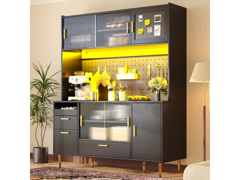  Buffet noir laqué avec led et panneau perforé – armoire cuisine 180 cm, portes en verre, porte magnétique, 60 kg  - Conforama B