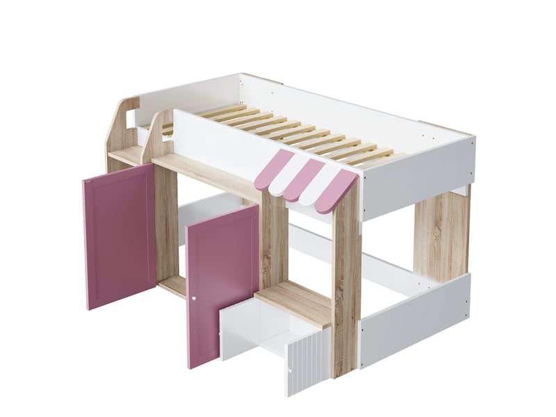  Lit mezzanine enfant 90x200 cm – blanc et rose – échelle large, rangements sous le lit – sans matelas  - Conforama D