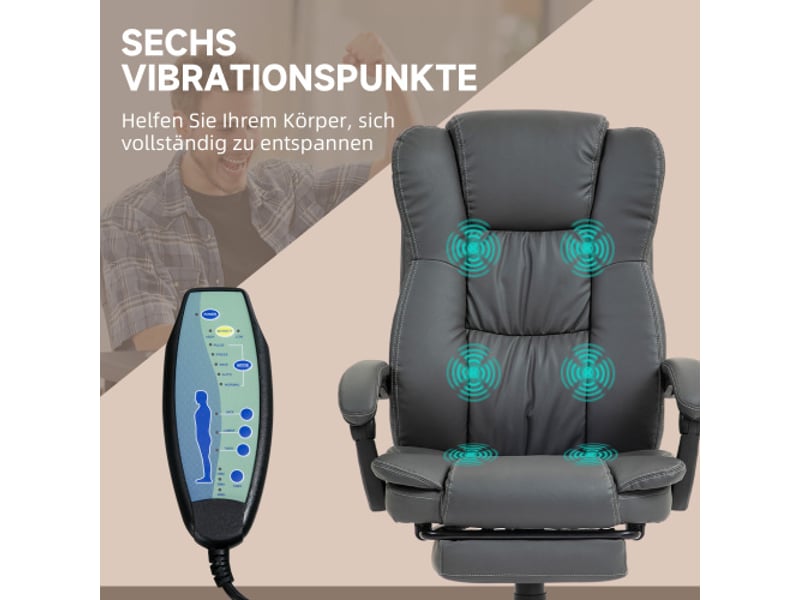  Chaise de bureau massante inclinable, appui-tête, repose-pieds, similicuir gris foncé, 68,5x68,5x113-121 cm  - Conforama B