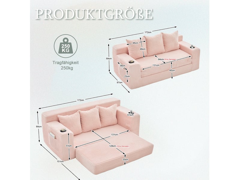 Canapé 3 places modulable en velours côtelé avec porte-gobelets homvra - Conforama E